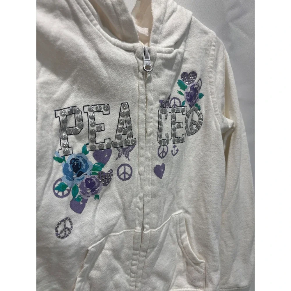 The Children's Place Hoodie Kids Size S 5/6 White Peace Floral Studded Zip Up